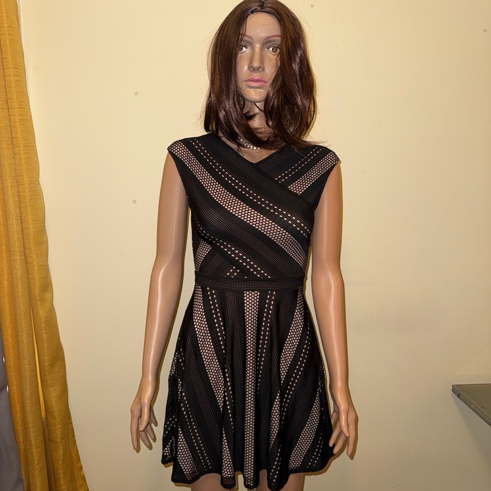 BCBGMaxAzria Black Mesh Overlay Fit & Flare Mini Dress